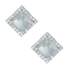 NEW ADORNIA Fine Moonstone Pave Diamond Rhodium Plated Sterling Silver Square